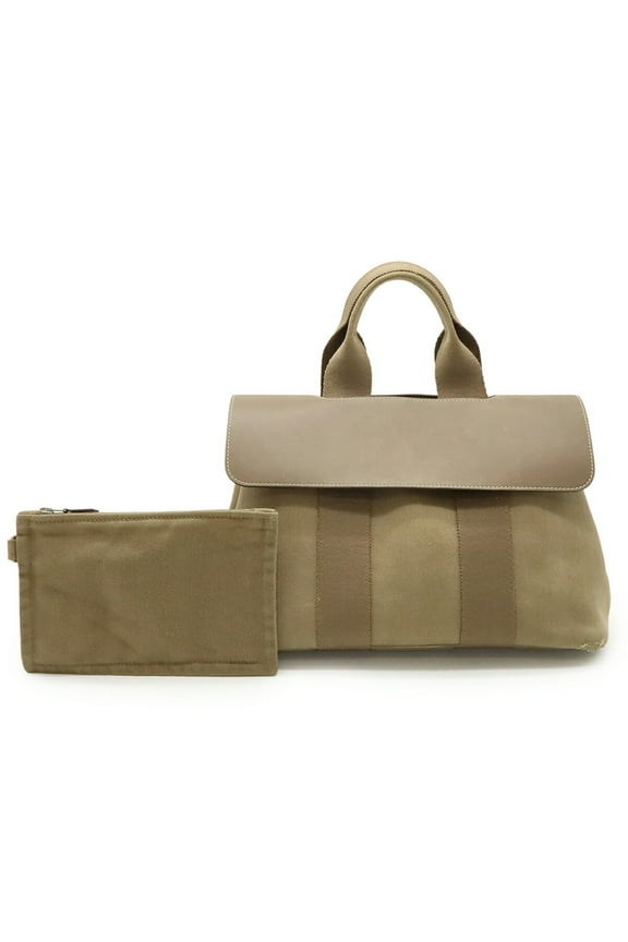 Pre-Owned HERMES Valparaiso PM handbag tote bag in toile chevron leather and etoupe. (Good)