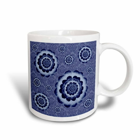 - 3dRose Baby blue and navy flowers on denim blue damask background, Ceramic Mug, 11-ounce