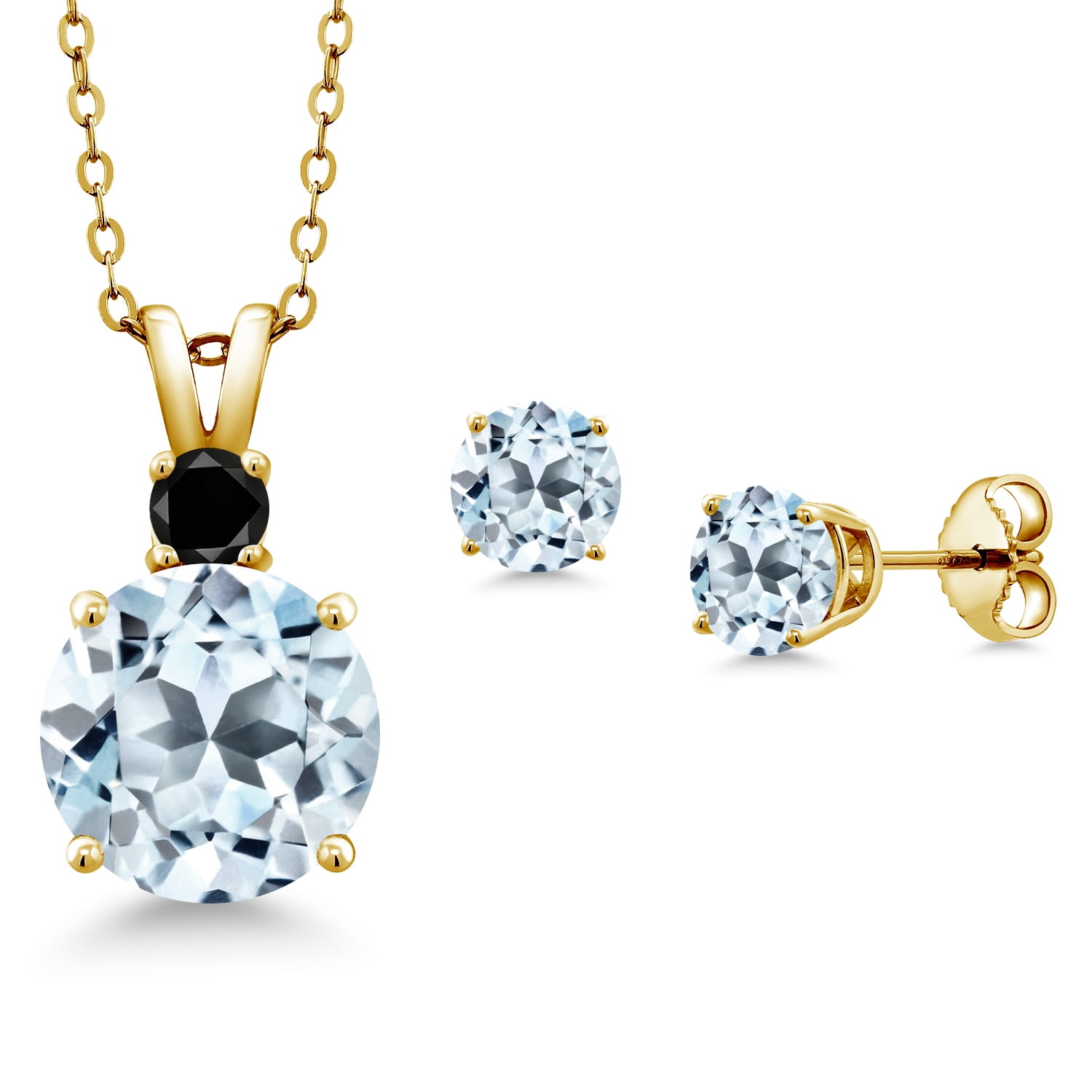 Gem Stone King 18K Yellow Gold Plated Silver Round Sky Blue Topaz and Black Diamond Pendant and Earrings Jewelry Set for Women (6.34 Cttw, Gemstone Birthstone, with 18 inch Chain)