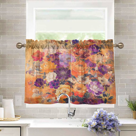 BZSMCE Set of 2 Pieces Kitchen Window Curtain Fashion Vibrant Floral Burst Printed 27x24in/27x36in