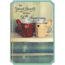 Designer Greetings Red and Cream Coffee Cups with Spoons Die Cut 50th : Fiftieth Wedding Anniversary Congratulations Card for Parents