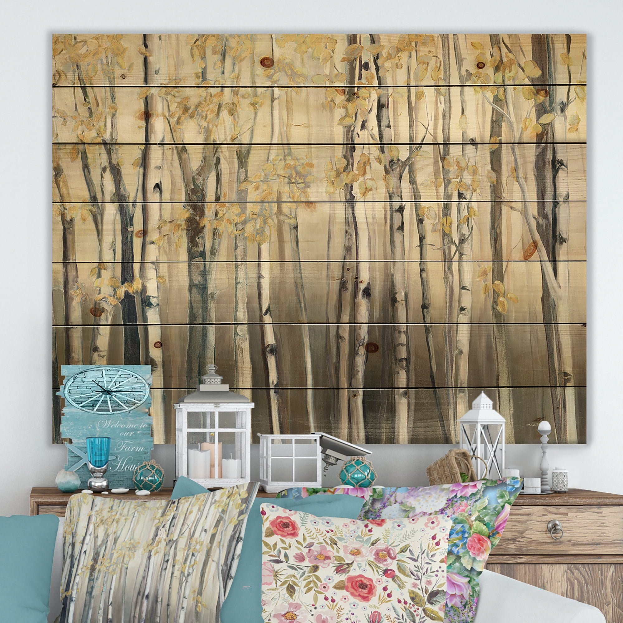 Designart 'Golden Birch Forest I' Landscapes Print on Natural Pine Wood