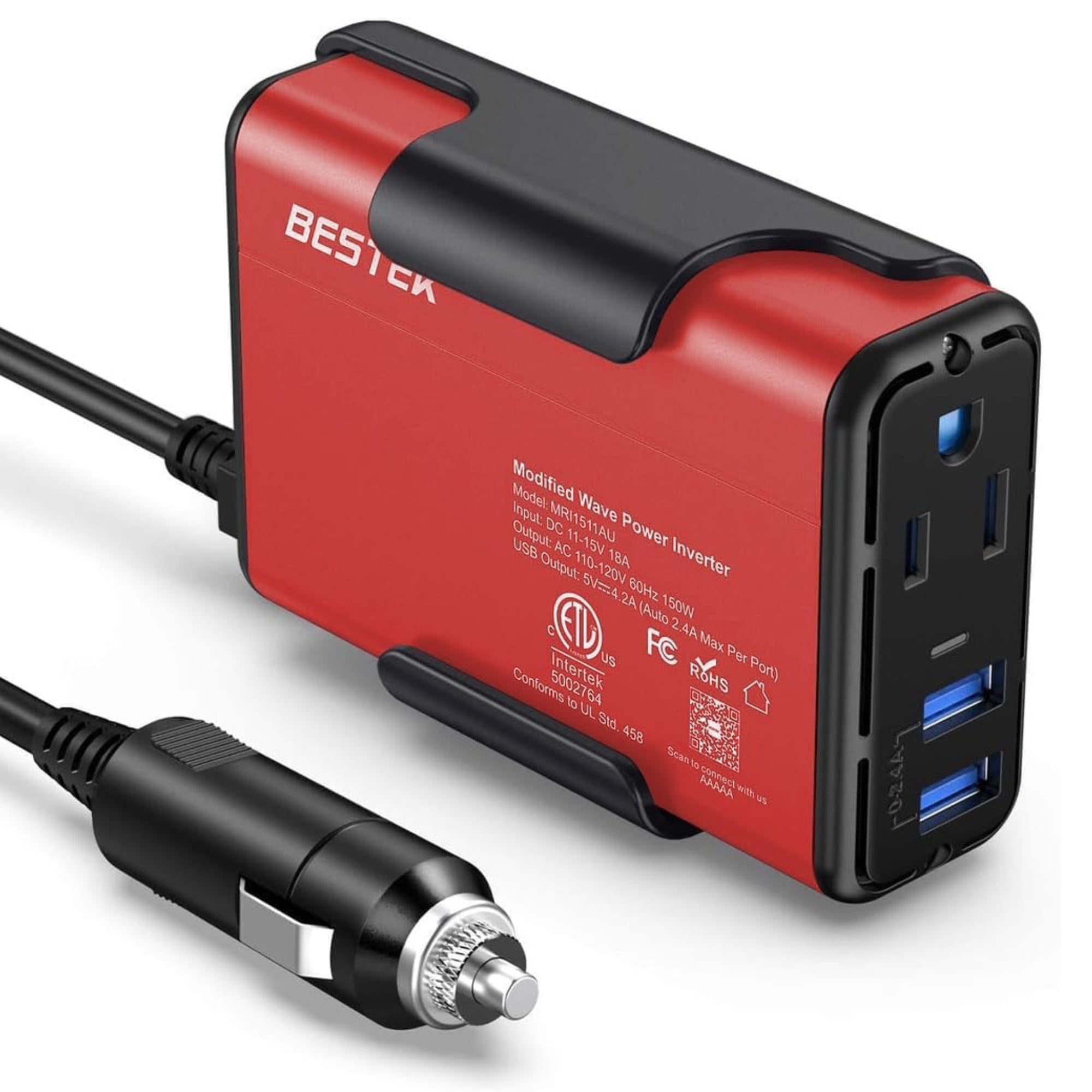 BESTEK 150W Power Inverter, DC 12V to 110V AC Car Converter Adapter with 4.2A Dual USB Charger, Thinner Design with ETL Listed,Red with Back Clip