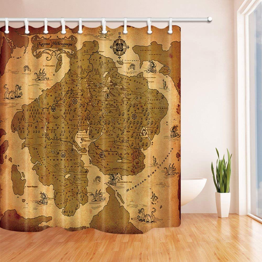 Ancient Navigation Map Shower Curtain Liner Bathroom Mat Polyester Fabric Hooks 