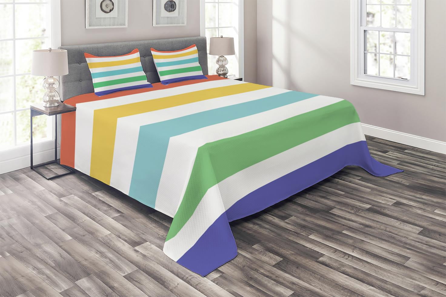 Striped Coverlet Set King Size, Rainbow Colored and White Fun