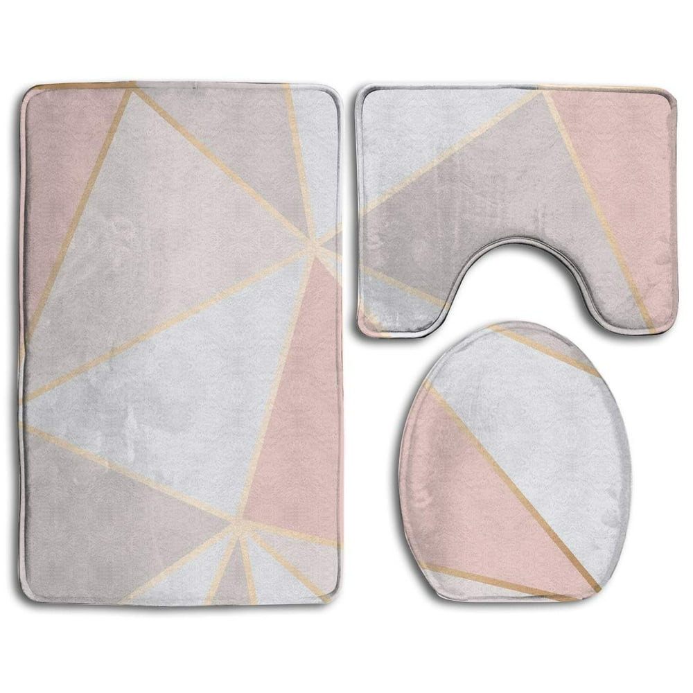 CHAPLLE Rose Gold Geometric Mirror 3 Piece Bathroom Rugs Set Bath Rug Contour Mat and Toilet Lid