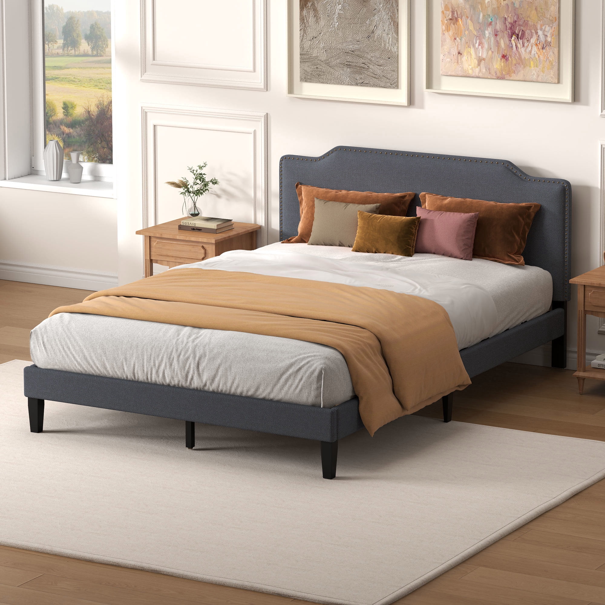 Pingliang Home Queen Size Bed Frame with Adjustable Headboard, Rivet Decoration Upholstered Headboard, Easy to Assemble, Noise Free,Dark Gray