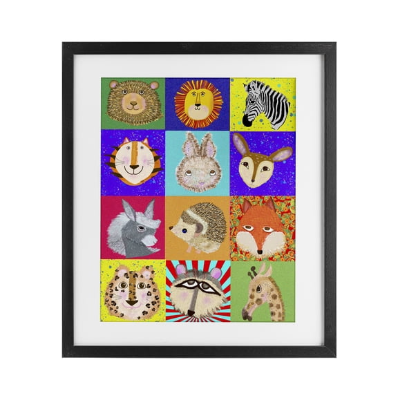 Furry Faces Animals Black Framed Print Under Glass, design by Lynnda Rakos
