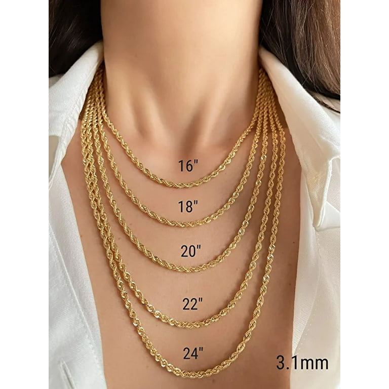 JEWELHEART 10K Real Gold Rope Chain Necklace - 3.1mm Diamond Cut