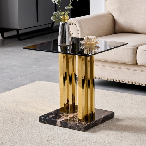 21.65 Inch Square Tempered Glass End Table, Modern Light Luxury Side Table with Mirror Gold Stainless Steel Legs & Marble Print MDF Base, Sofa Side Accent Table for Living Room Bedroom