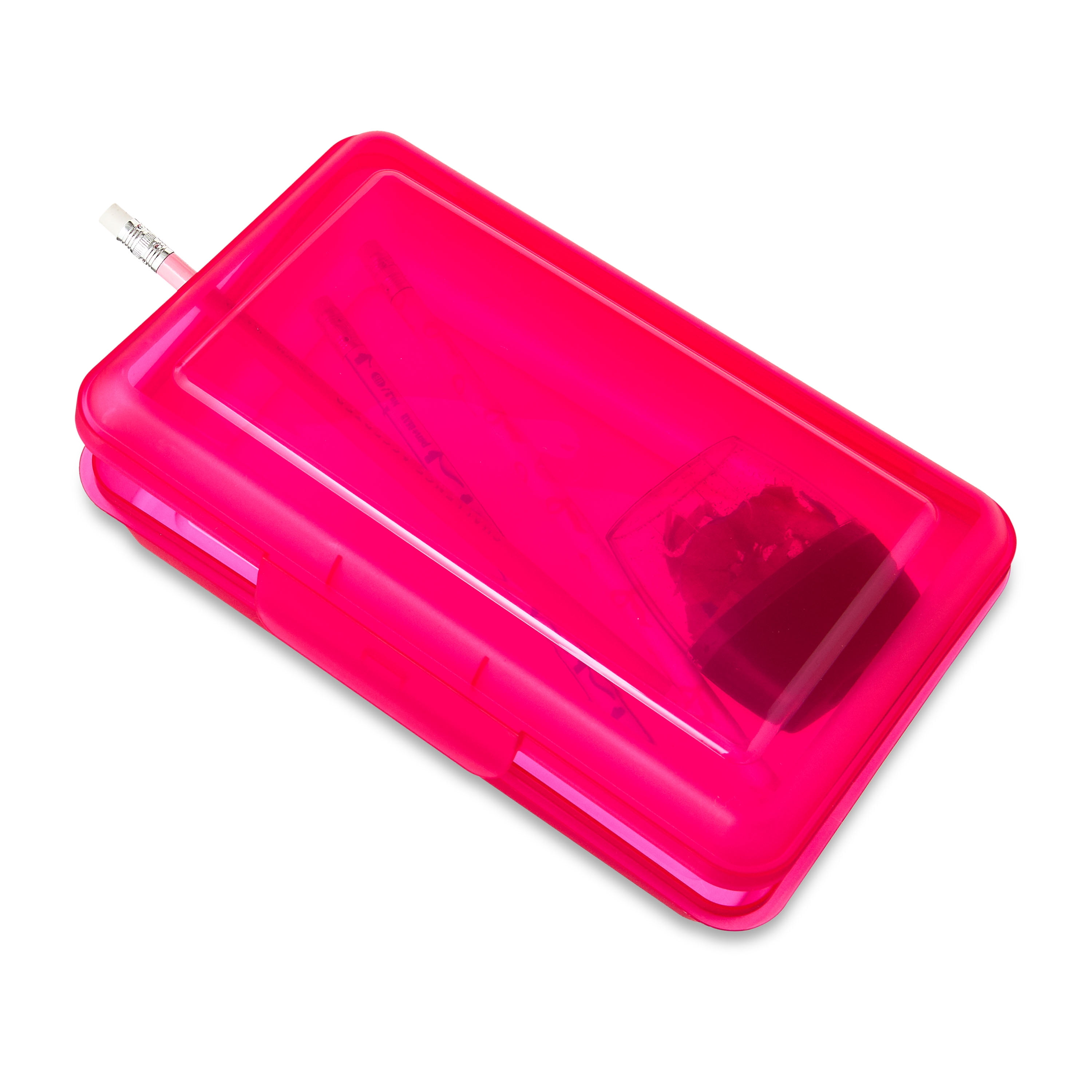 Pen+Gear Lightweight Plastic Pencil Box with Snap-on Lid, Translucent Fuchsia Burst, 12-Pack