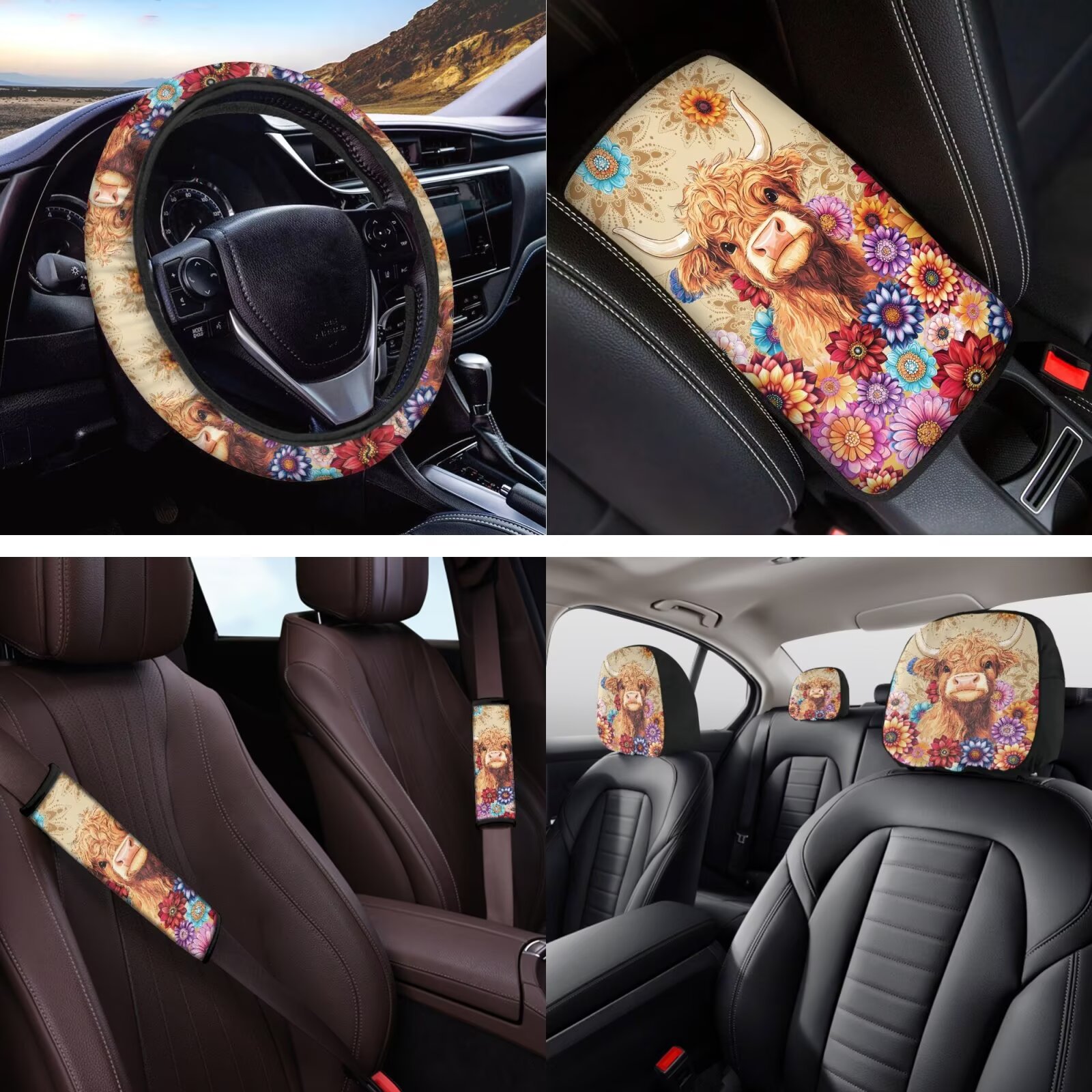 Yuyamidu Highland Cow Car Seat Cover Set of 14 Colorful Dalia Steering Wheel Cover Seat Belt Pad Car Headrest Cover Coaster Armrest Cover Keychain for Truck Sedan