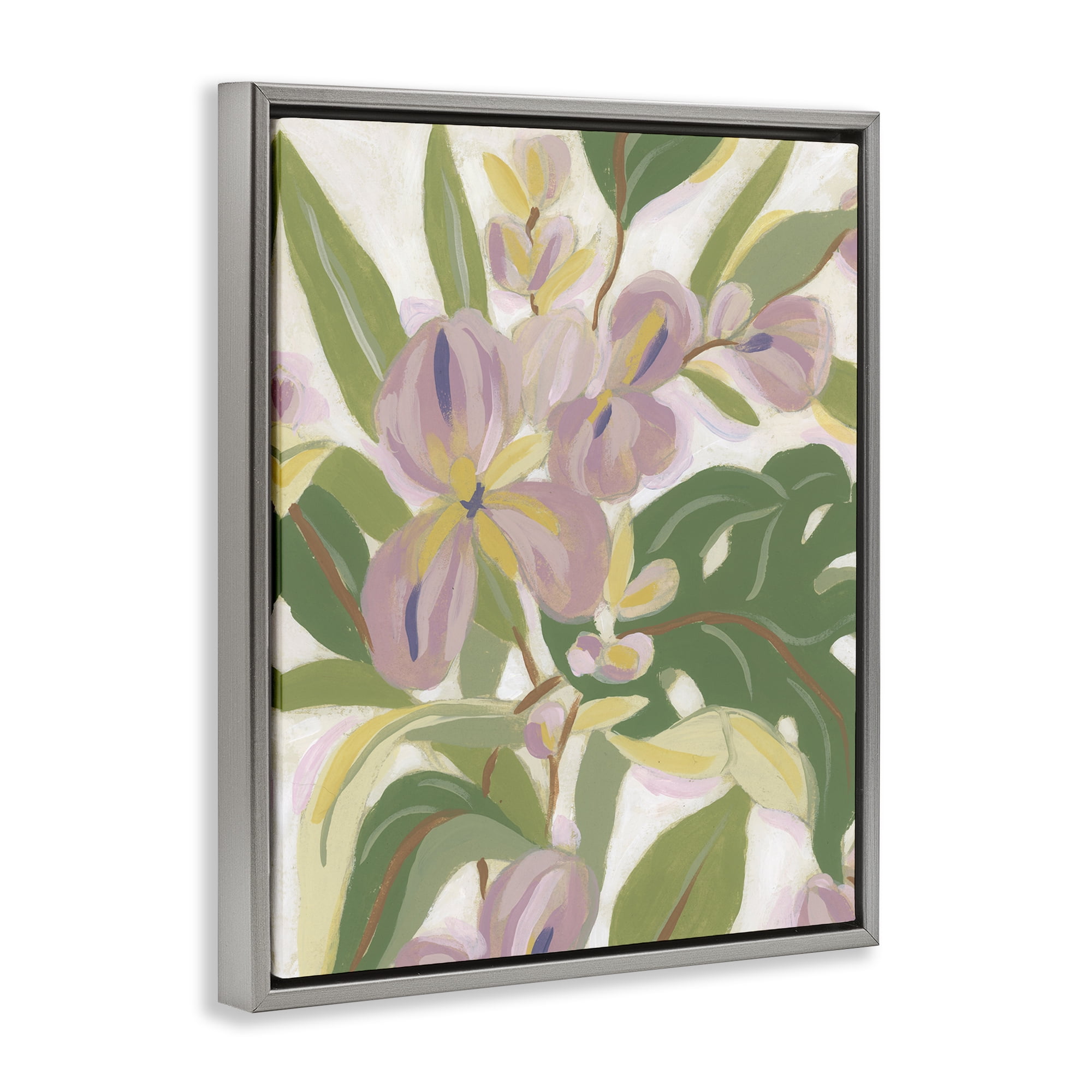 Stupell Industries Pale Trillium & Leaves Plants & Flowers Painting Gray Floater Framed Canvas Art Print Wall Art, 25 x 31