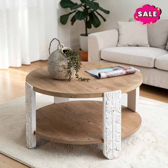 GZXS 31.5 Inch Round Coffee Table, 2-Tier Farmhouse Center Table with Open Shelf for Living Room, Brown & White