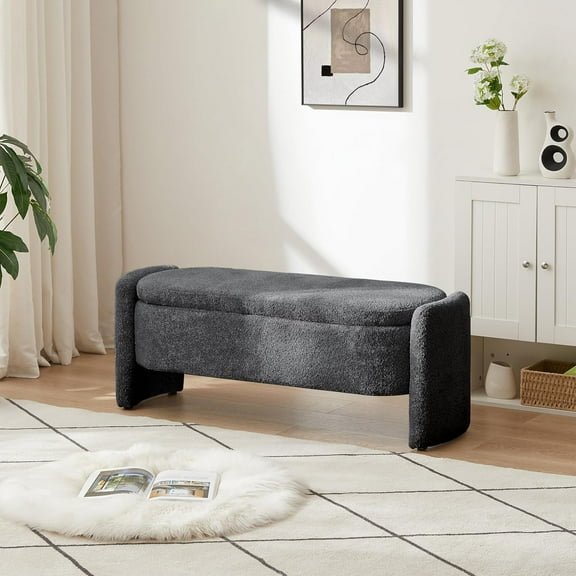 Storage Ottoman Bench, Upholstered 3D Lamb Fleece Fabric Oval Bedroom Bench with Safety Hinge and Legs for End of Bed Stool, Living Room, Entryway Footrest (Dark Gray, 47.2"L x 16.9" W x 17.2"H)