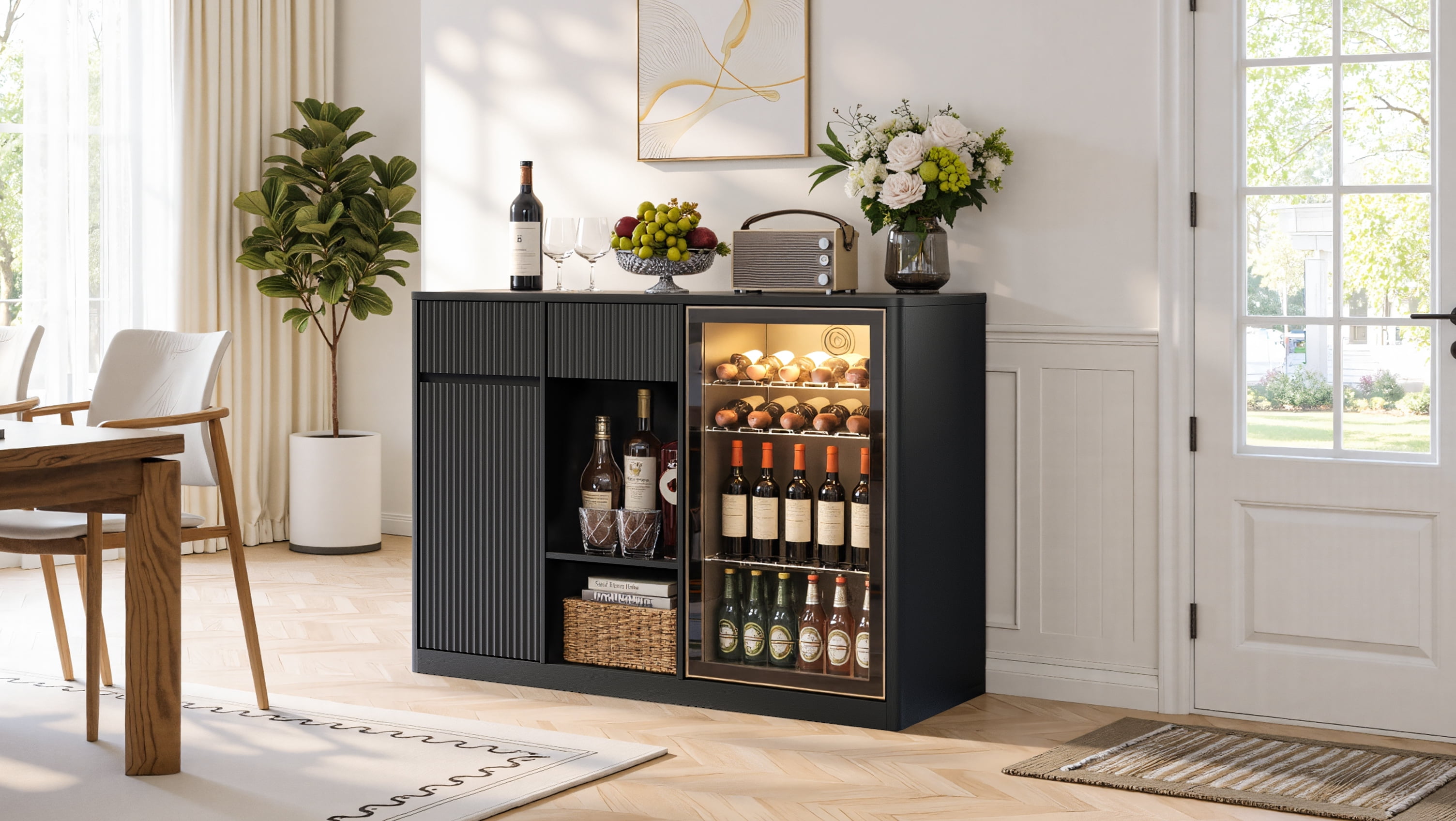 56.69 in Modern Fluted Bar Cabinet with Fridge Compartment, Adjustable Shelves & Built-in Power Outlets, Black