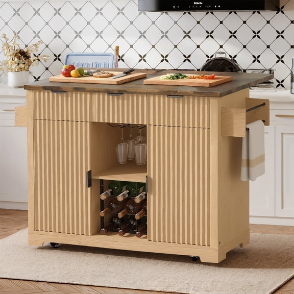 Vabches 50" Fluted Kitchen Island with Drop Leaf and Wheels, Rolling Kitchen Cart with Towel Rack, Wine Rack and 3 Drawers, Natural