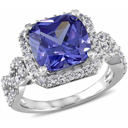 Tangelo 6-3/4 Carat T.G.W. Created Tanzanite and Created White Sapphire Sterling Silver Halo Cocktail Ring