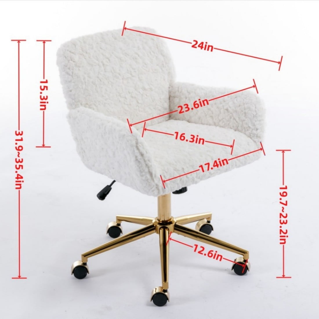 Office Chair, Faux Rabbit Fur Home Office Desk Chair with Golden Metal Base, Adjustable Height, 360° Swivel Reclining Vanity Chair, Pink