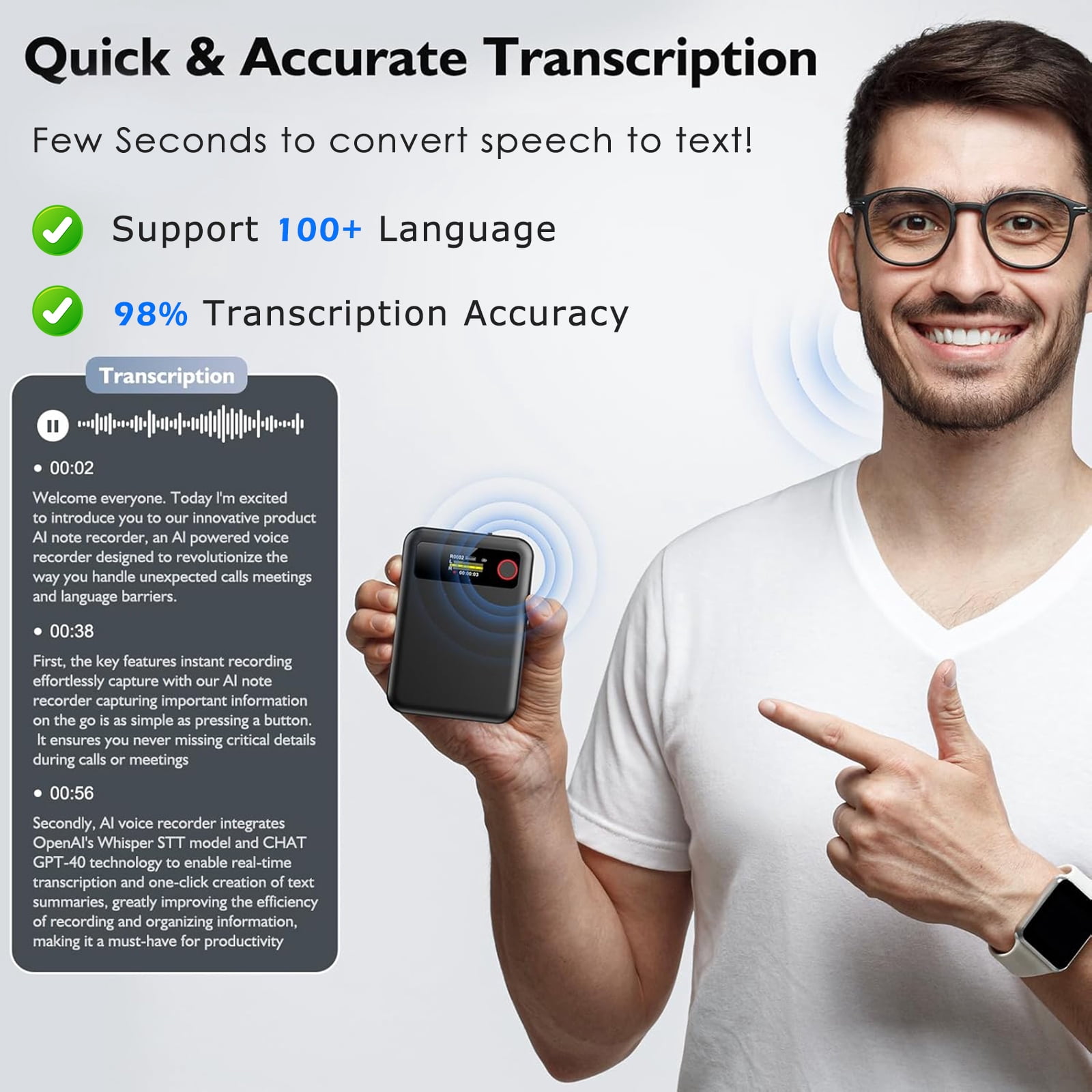 RONY AI Voice Recorder with Transcribe, Translation, APP Control, AI Analysis Summarize for Lectures Meetings Calls, Support 100+ Languages, 64GB Memory