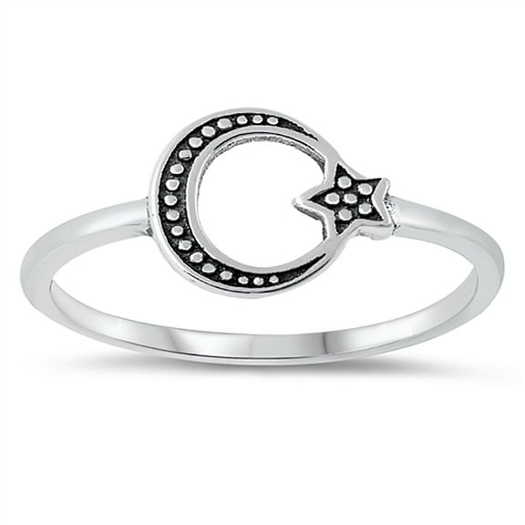 All In Stock Beaded Moon & Star Oxidized Sterling Silver Ring Size 8