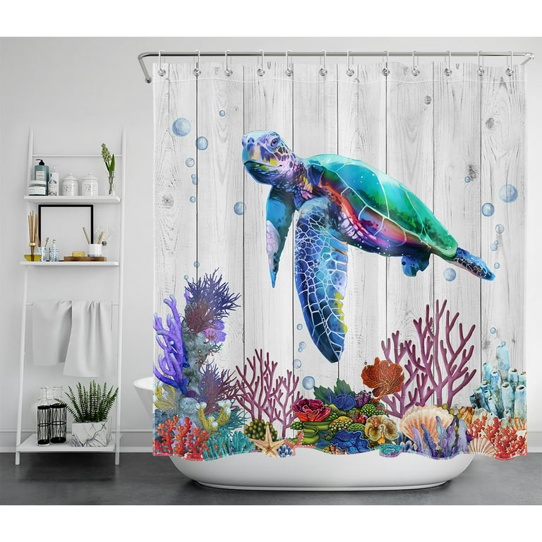 Sea Turtle Shower Curtain Ocean Coastal Beach Nautical Underwater Marine  Life Kids Home Decor Fabric Bathroom Curtain Set with Hooks（70 Wx96 H）