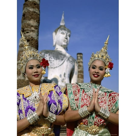 Girls Dressed in Traditional Dancing Costume at Wat Mahathat, Sukhothai, Thailand Print Wall Art By Steve Vidler