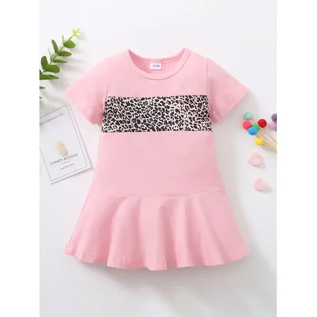 

Girls Leopard Print Contrast Round Neck Short Sleeve Dress Kids Clothes