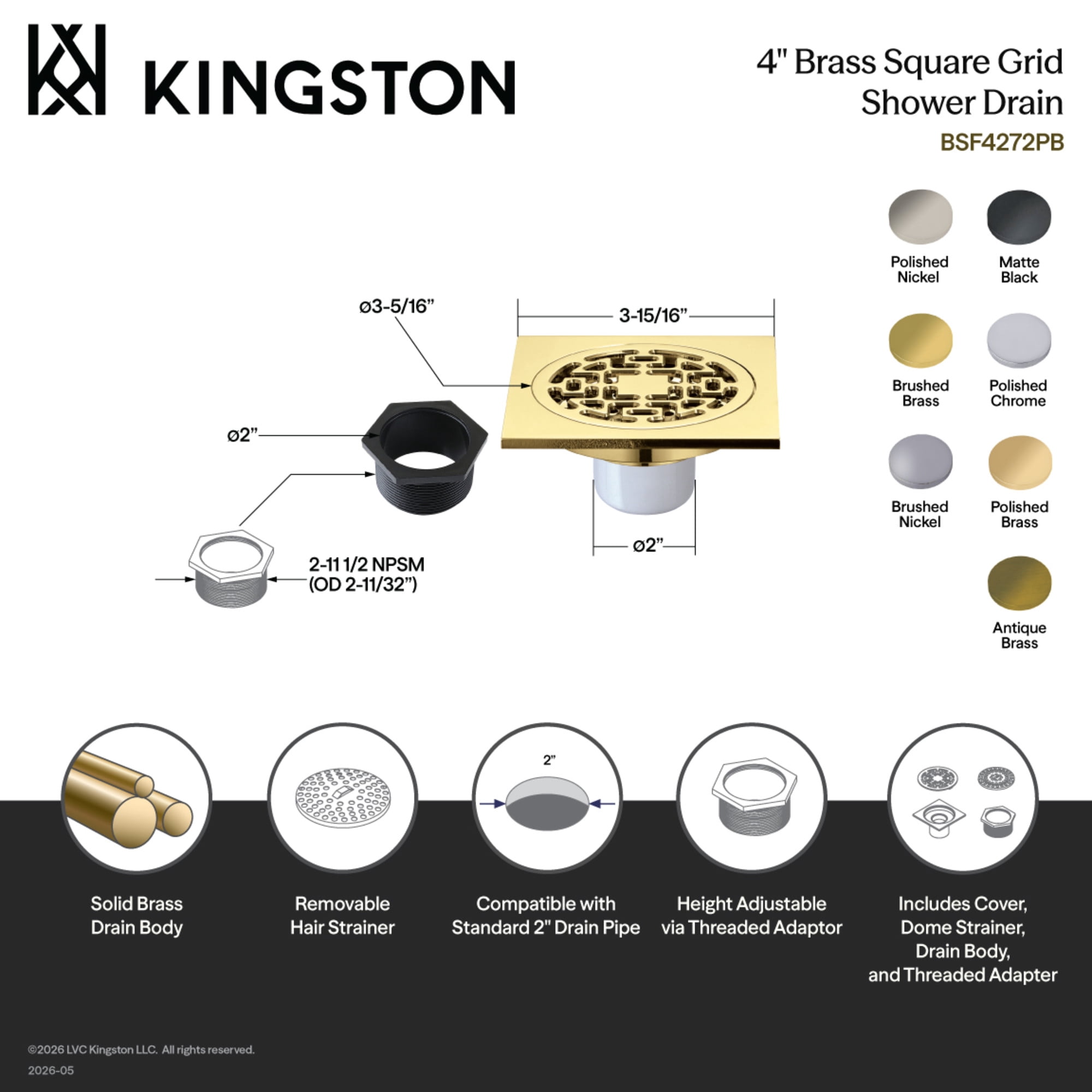 Kingston Brass BSF4272AB Watercourse 4-Inch Brass Square Grid Shower Drain with Flange in Antique Brass