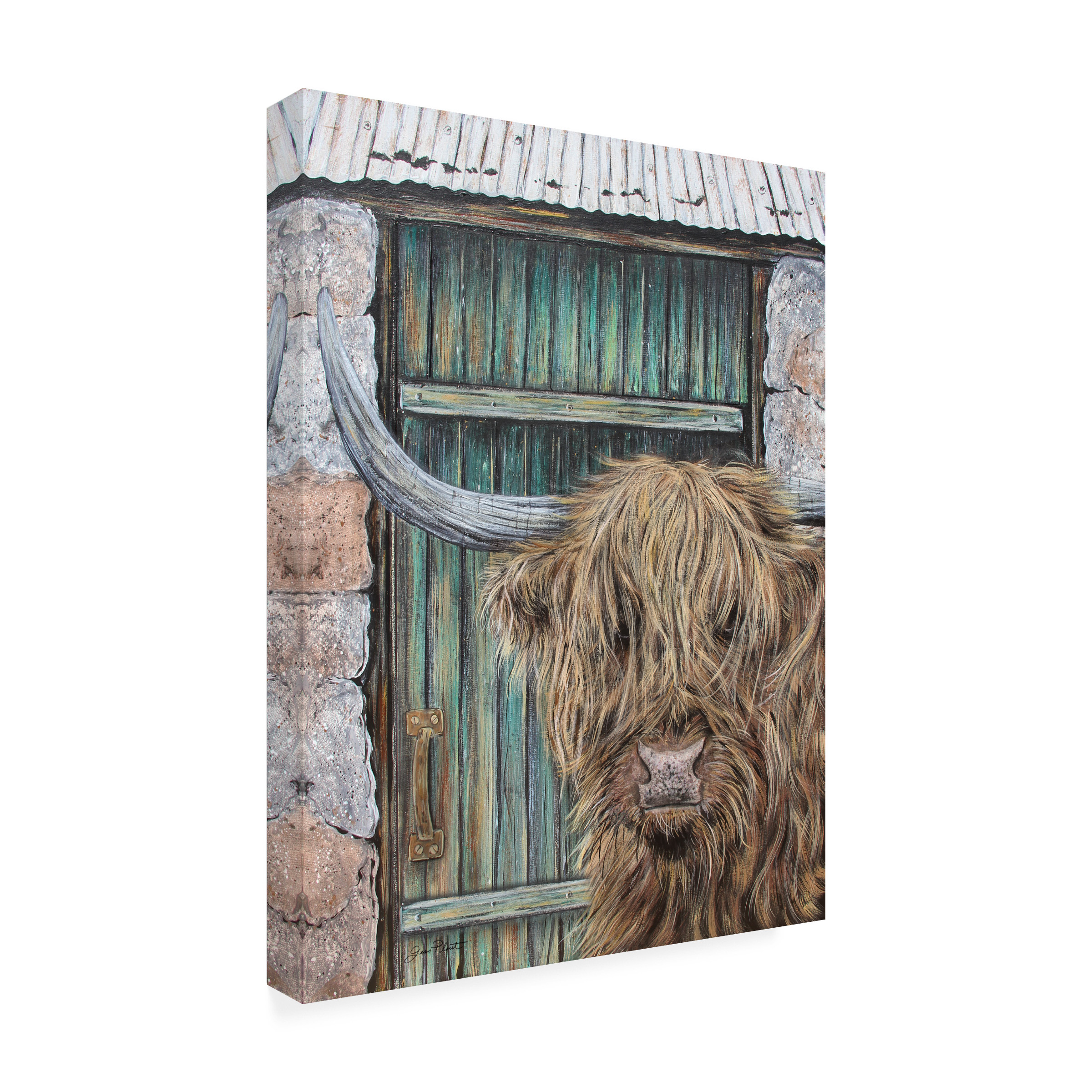 Canvas Wall Art - Jean Plout 'Highland Cow By Barn Door A' Wall Art for Living Room, Bedroom, or Office DÃ©cor by Trademark Fine Art - 14 x 19 Inches
