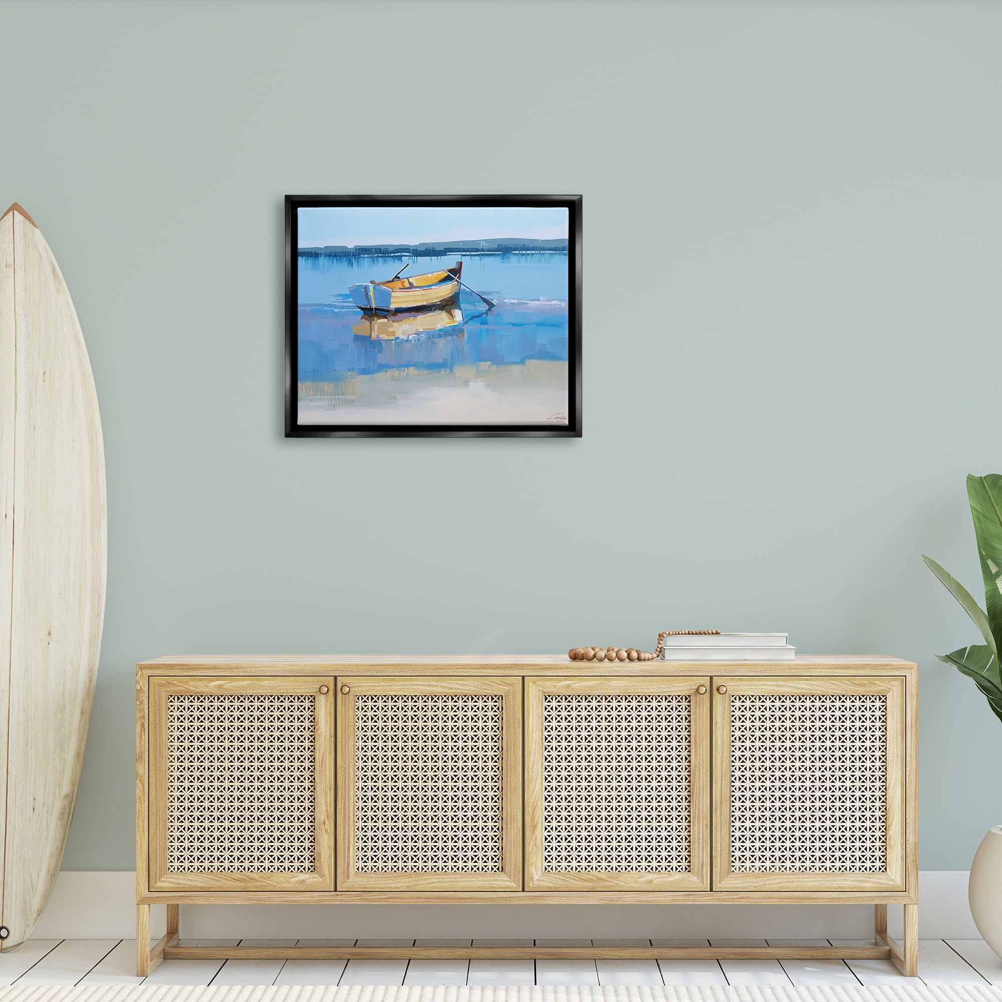 Stupell Industries Row Boat on Blue Coastal Shore Beach Landscape Jet Black Framed Floating Canvas Wall Art, 24x30, by Craig Trewin Penny