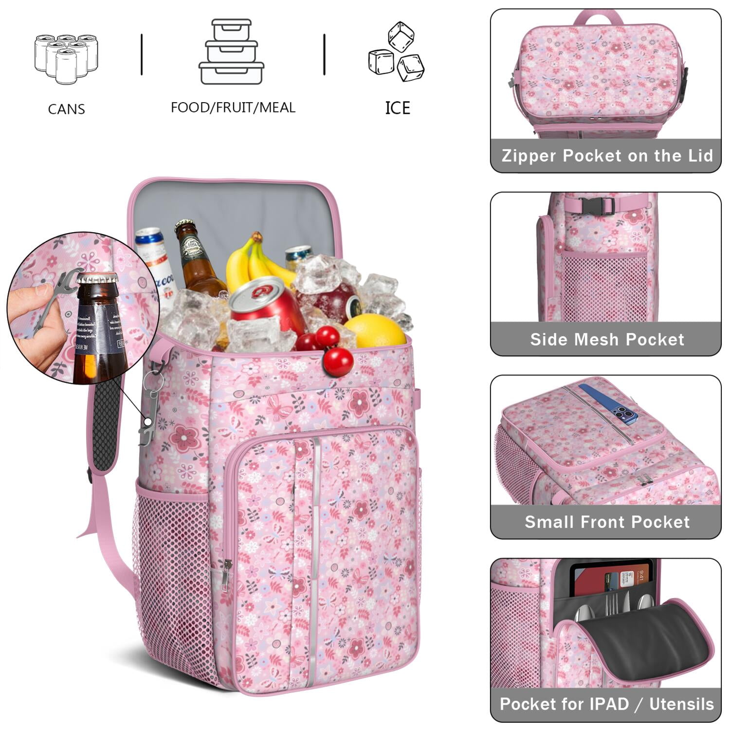 Travel Cooler Bag - Pioneer Flower Floral Print Pattern Camping Beer Cooler Backpack with Bottle Opener- Waterproof Insulated Picnic Backpacks - Cooler Bag for Beach