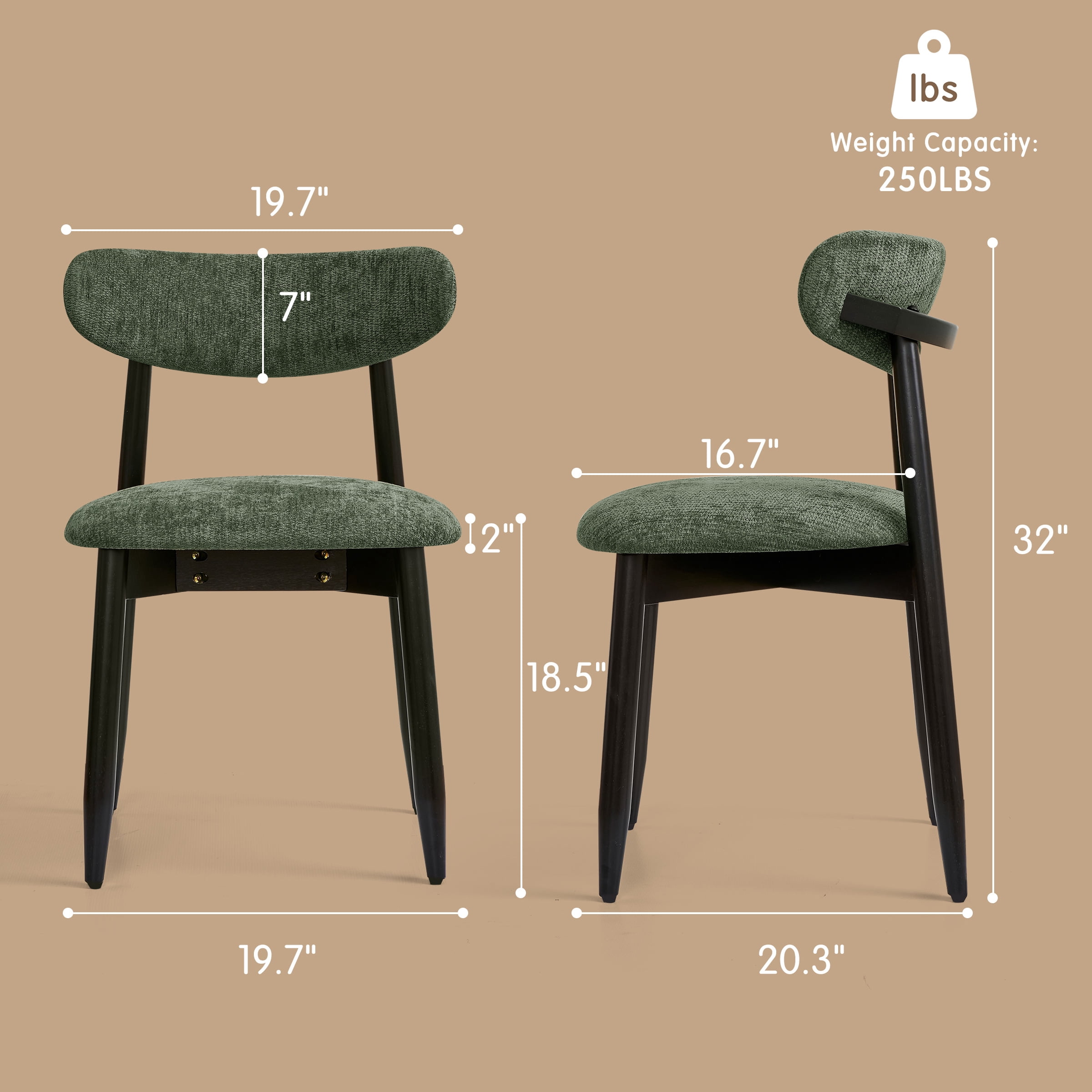 DyFun Upholstered Chenille Dining Chairs Set of 2, Solid Wooden Dining Chairs with Curved Back, Green