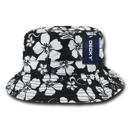 Black Fishermans Fishing Floral Hawaiian Bucket Jungle Safari Polo Cap Hat-L / XL