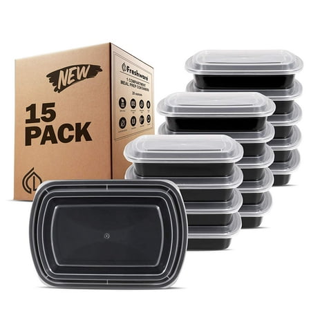 Freshware 15-Pack 1 Compartment Bento Lunch Boxes with Lids - Reusable, Microwave, Dishwasher & Freezer Safe - Meal Prep, Portion Control, 21 Day Fix & Food Storage Containers (28oz),