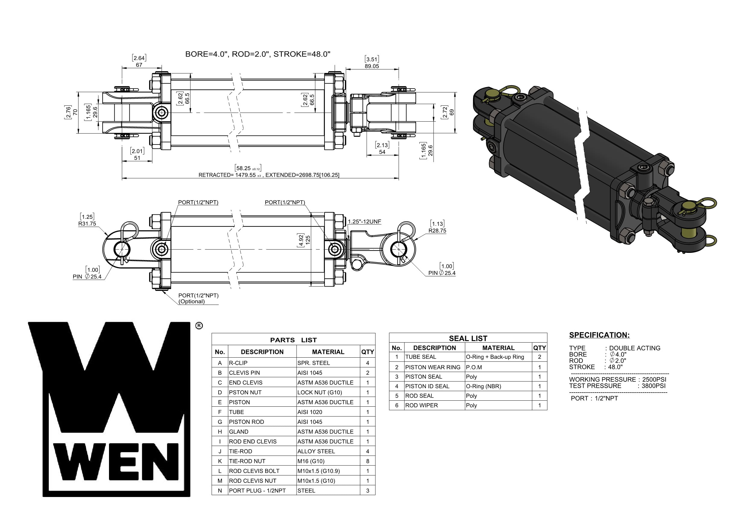WEN 2500 PSI Tie Rod Hydraulic Cylinder with 4 in. Bore and 48 in. Stroke (TR-4048)
