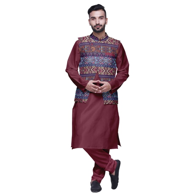 Atasi Indian Long Kurta Men Solid Kurta Pajama With Printed Nehru Jacket Set