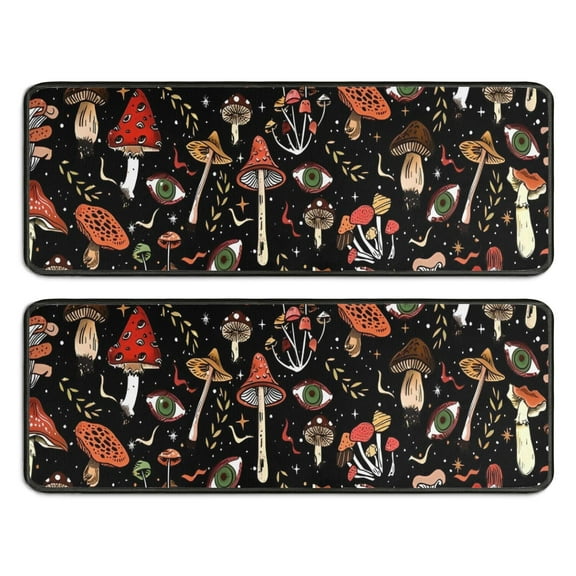 Kitchen Rugs Sets Of 2,Colorful Mushroom Bird Black Pattern Anti Fatigue Kitchen Mat Rugs Non Slip Washable,Decorative Kitchen Floor Mats for Kitchen,Sink,Laundry,17"x47" 17"x47"