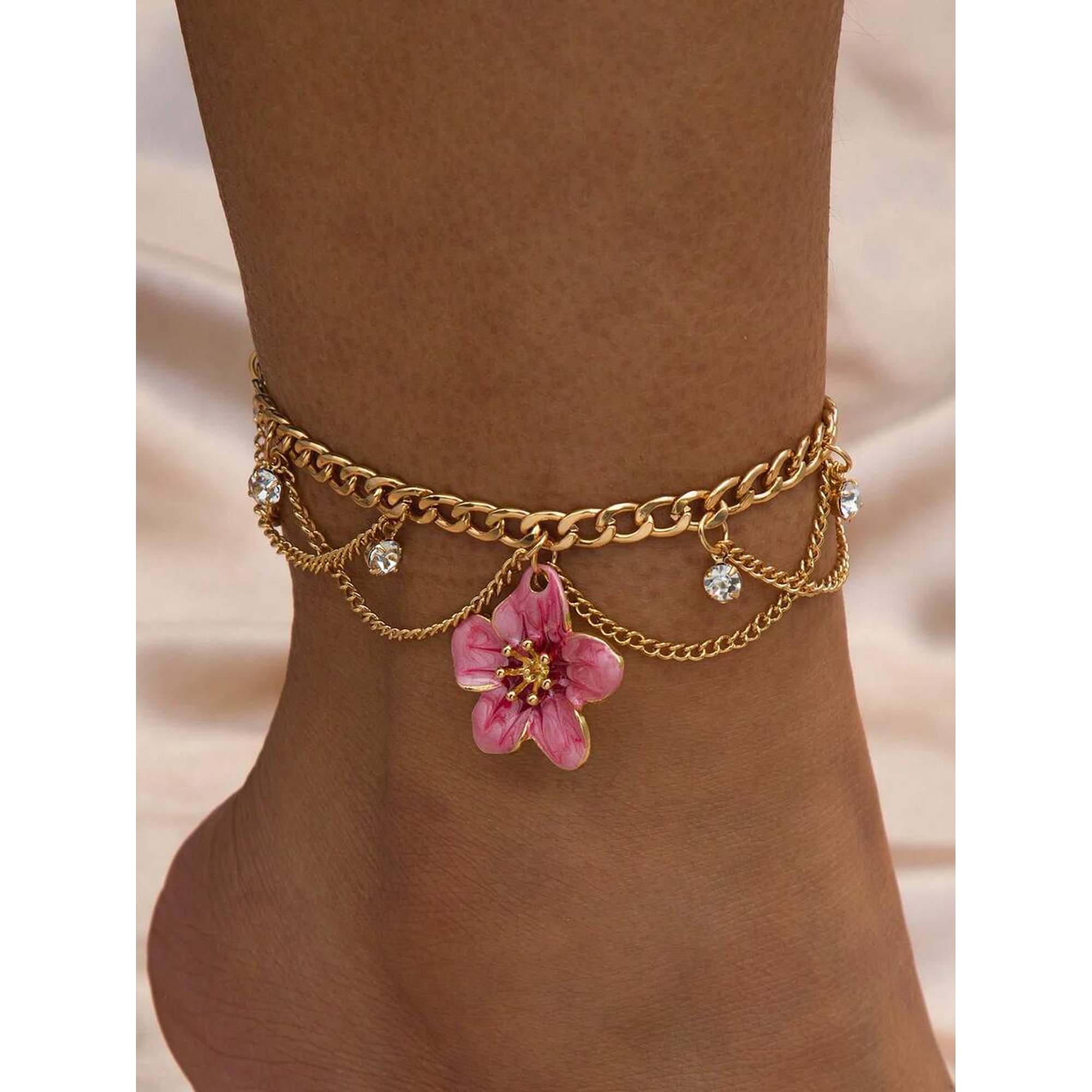Multilayer Goldtone Anklet With Pink-3 Enamel Flower Charm And Crystal