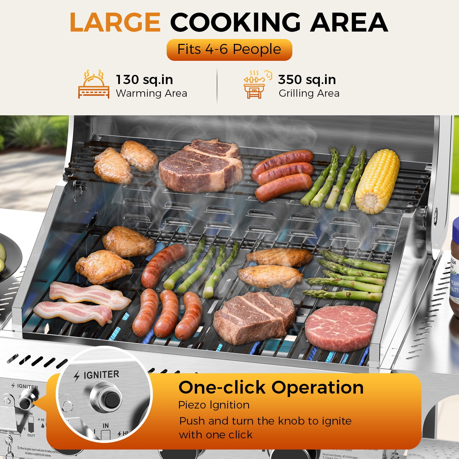 KNDKO 3-Burner Propane Gas Grill, 24,000 BTU Stainless Steel BBQ Grill with Foldable Shelf for Outdoor Barbecue and Cooking
