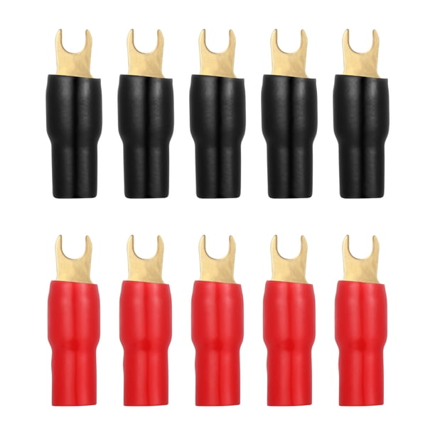 EeaseMX Winomo 5 pares Cobre Gold Gold 4 Strip Spade Spade Spade Spade Spade Spade Spade Adaptadores Conectores Conchos de barrera de orilla para el enchufe del cable del alambre - 4Ga (rojo y negro)