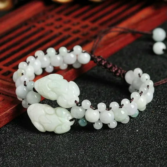 K-KED Natural A Grade Jade Jadeite Lucky Beads Double Pixiu Hand-Knitted Bracelet-default
