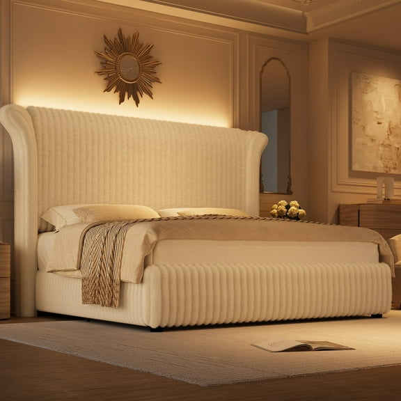 Hiphuta Modern Queen Size Corduroy Upholstered Bed Frame, LED Platform Bed Frame with 55"H Vertical Stripe Tufted Corduroy Velvet Wingback Headboard, White