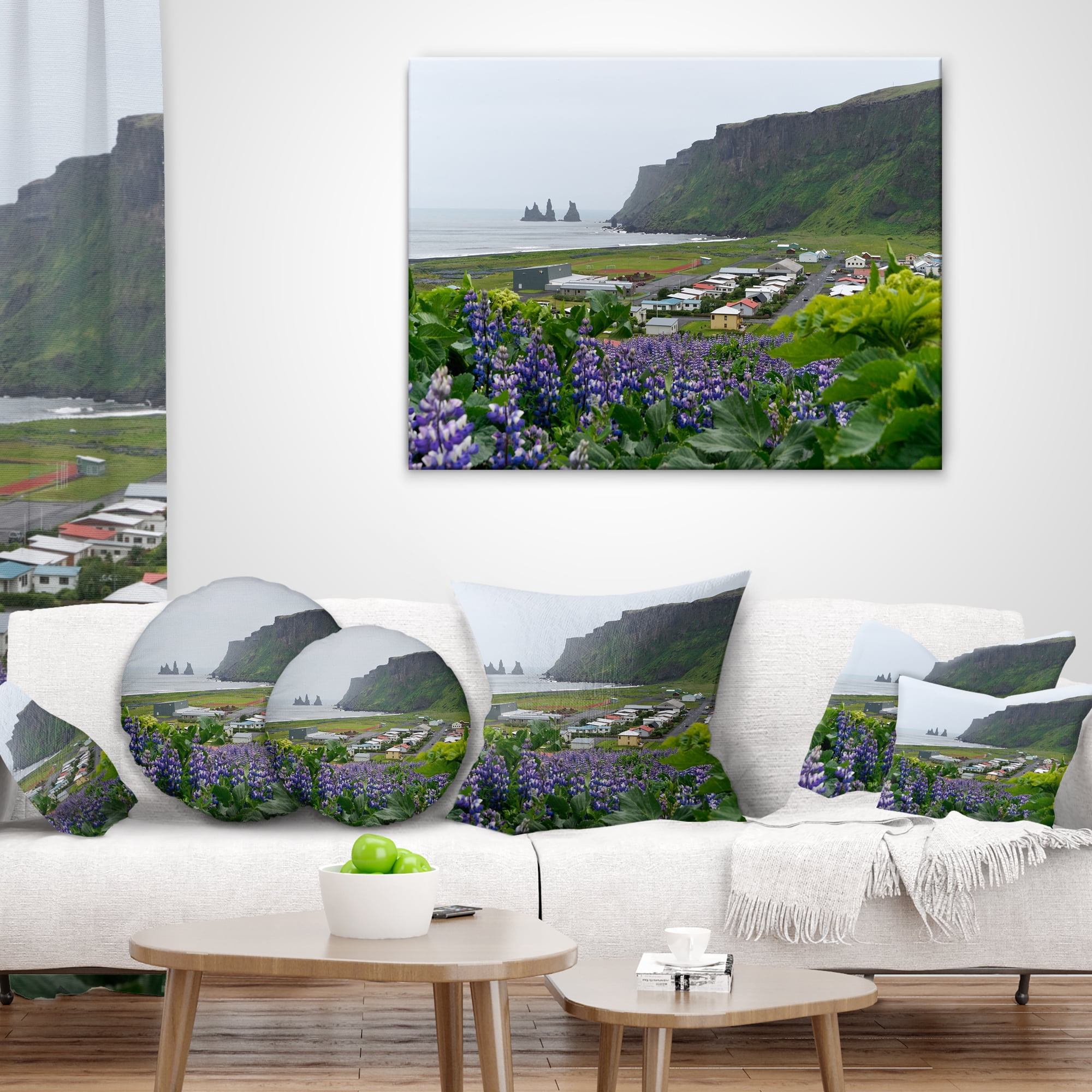 Designart Icelandic Town Vik - Landscape Photography Throw Pillow - 16x16