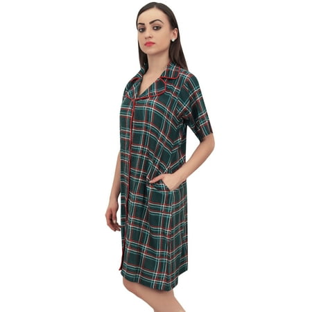 

Bimba Check Print Green Women Sleepshirt Sleepwear Button - Front Nightshirt - 10