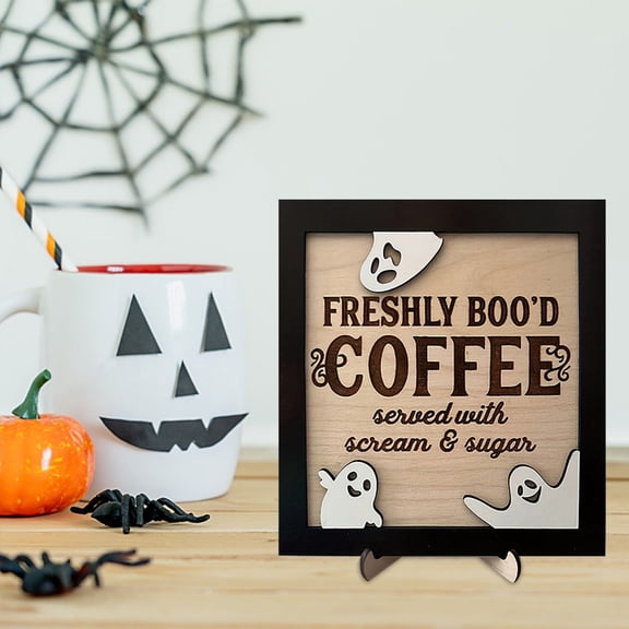 HaiSphere Funny Halloween Freshly Boo'd Coffee Wooden Ghost Decor Sign, Tabletop Plaque with Stand, Cute Spooky Fall Home Kitchen Coffee Bar Shelf Decoration,A