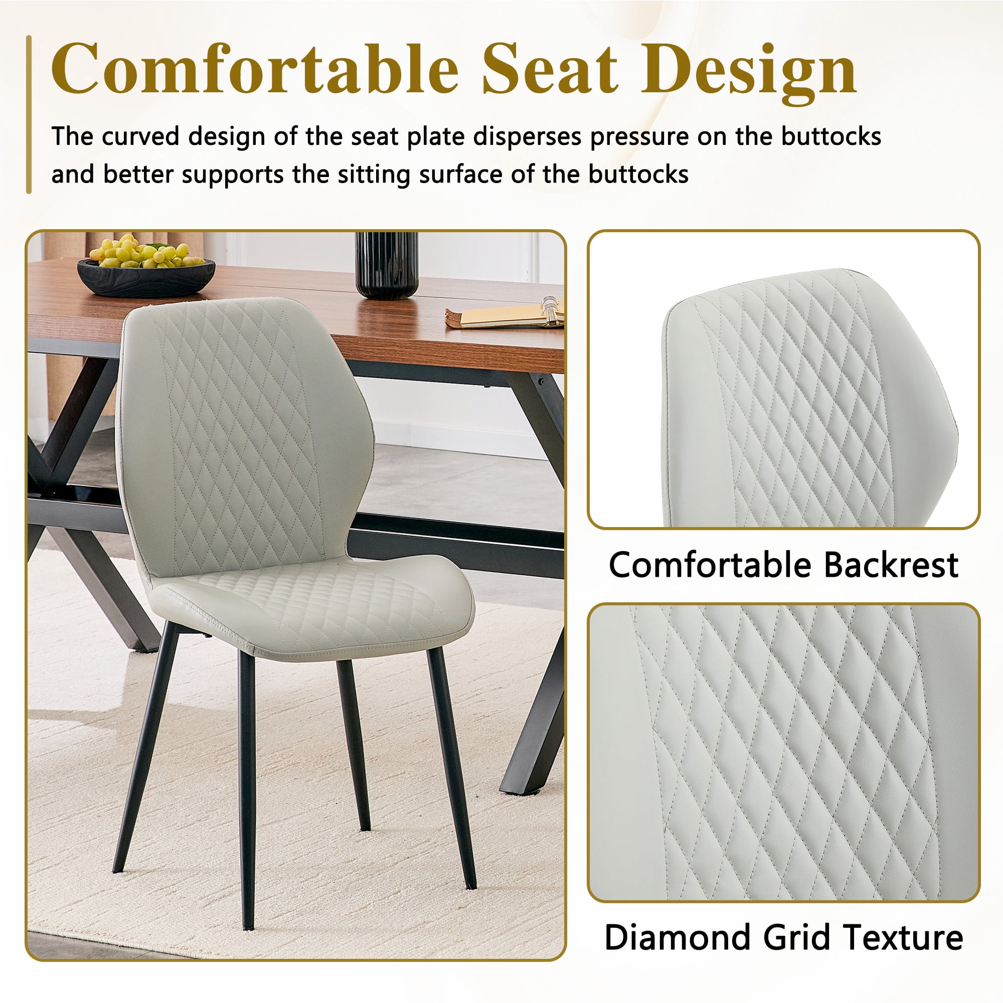 MOONMISS Dining Chairs Set of 4,Modern luxury Diamond-Quilted PU chairs with black metal legs for Dining Room Living Room,Light Gray