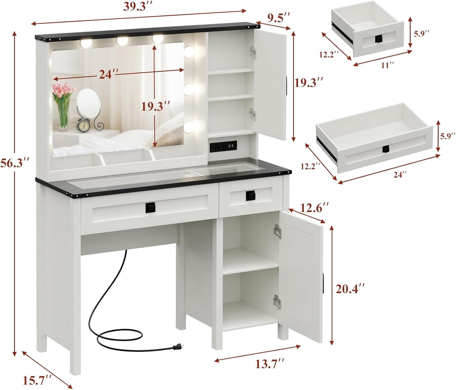 Vanity Desk with Mirror and Light, 39" Makeup Table with 2 Drawers, Cabinets & Power Outlet, 3 Lighting Modes Adjustable, Rustic Bedroom Dressing Table for Girls, Women, White