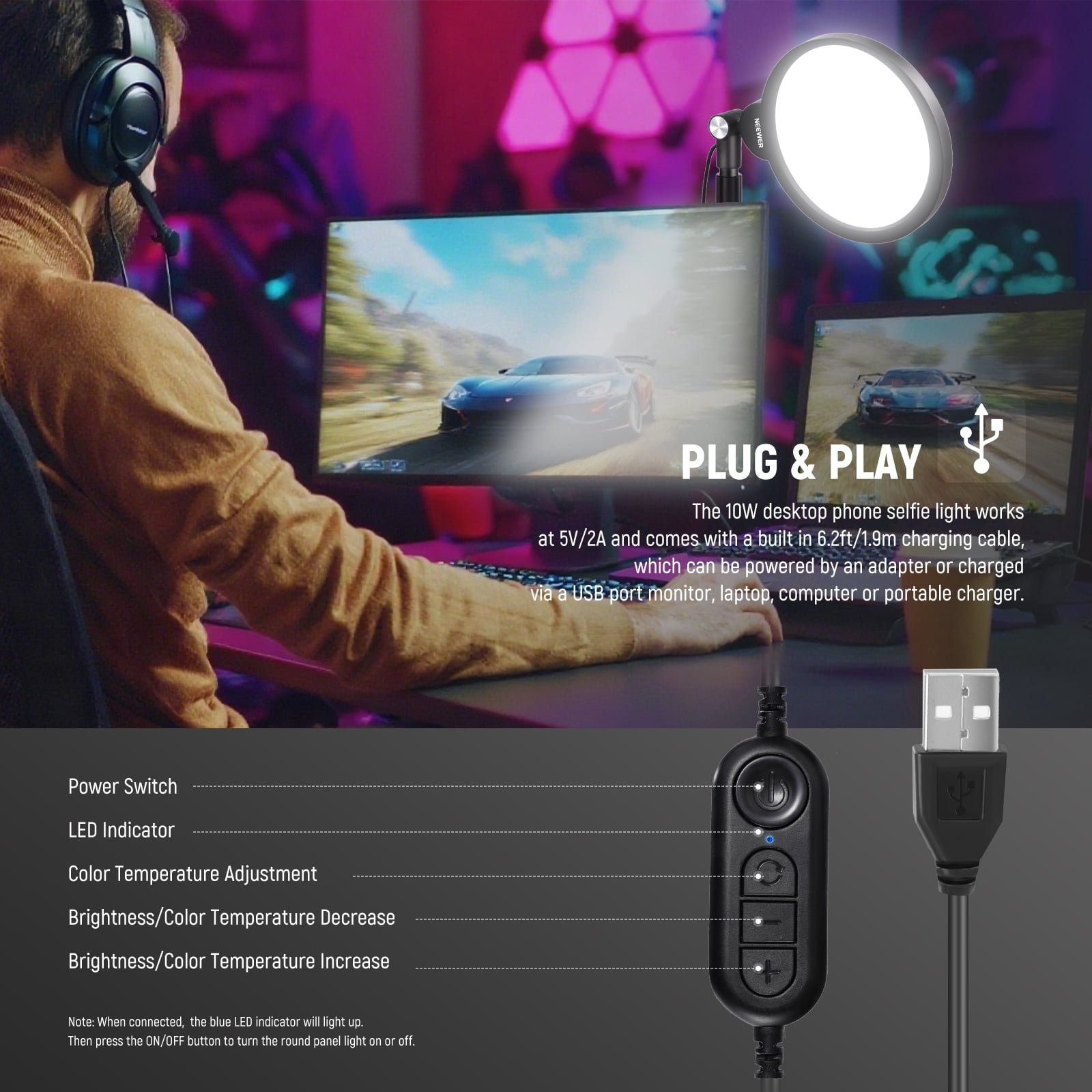 Neewer R06 7" Desk LED Ring Light With Stand & Phone Holder, 10W Dimmable Key Light For Video Recording, Live Streaming & Vlogs