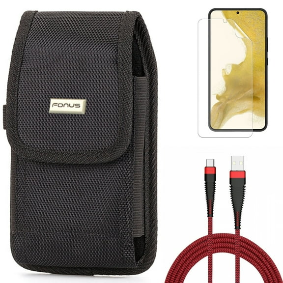 10ft USB Cable & Case Belt Clip & Matte Screen Protector for Samsung Galaxy S22 (6.1") - Type-C Charger Cord & Rugged Holster & TPU Film Anti-Glare Accessory Bundle